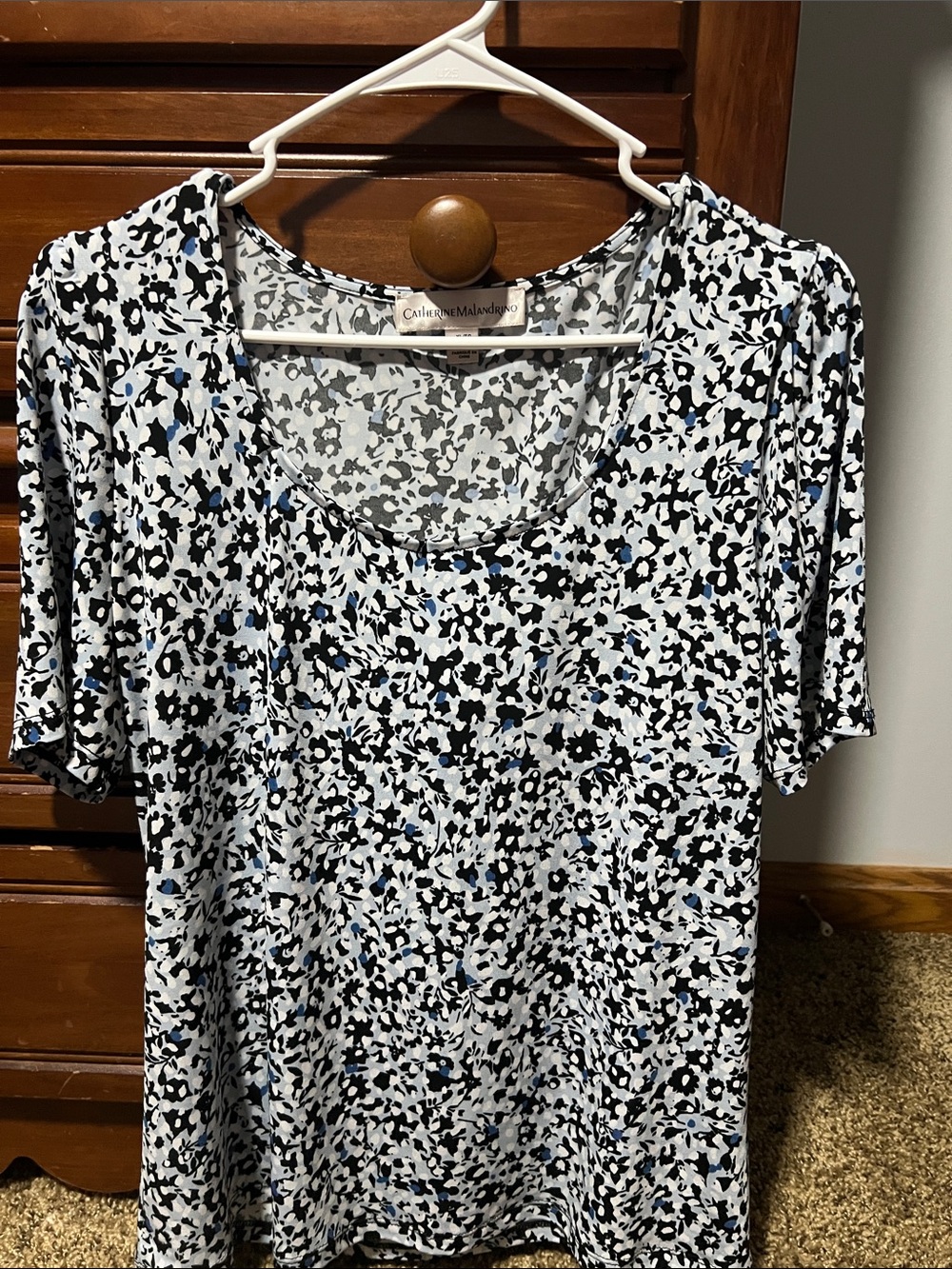 Catherine Malandrino Short Sleeve Floral Scoop Neck Top - White/Black/Blue